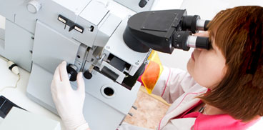 A researcher using the microscope