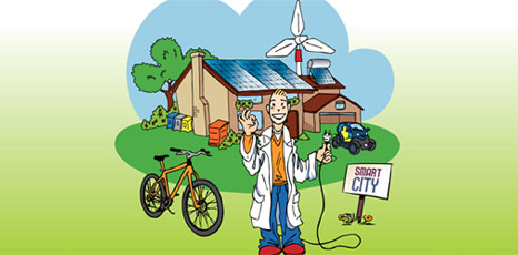 Illustrazione raffigurante un ragazzo e alcuni impianti ad energia rinnovabile