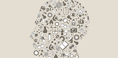 Illustrazione di una testa e di icone sul concetto di innovazione