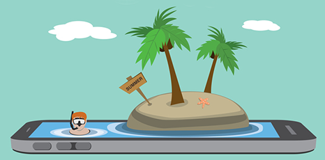 Illustrazione di uno smartphone con palma, spiaggia e turista