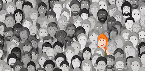Illustrazione di una folla di persone con un volto in evidenza