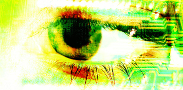 Occhio umano su sfondo di circuito elettronico