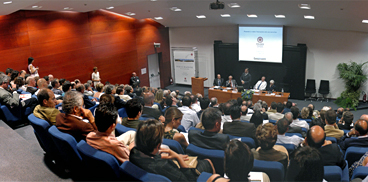 Audience at a seminar in the Auditorium of Sardegna Ricerche