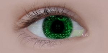 Occhio con iride di pixel verdi