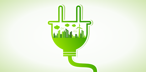 Illustrazione di una spina di corrente con una città verde disegnata al suo interno