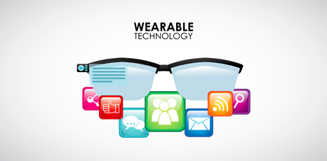 Illustrazione con un occhiale per la realtà aumentata e icone sul  tema dei social network e delle tecnologie indossabili