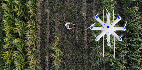 uomo con drone su campo